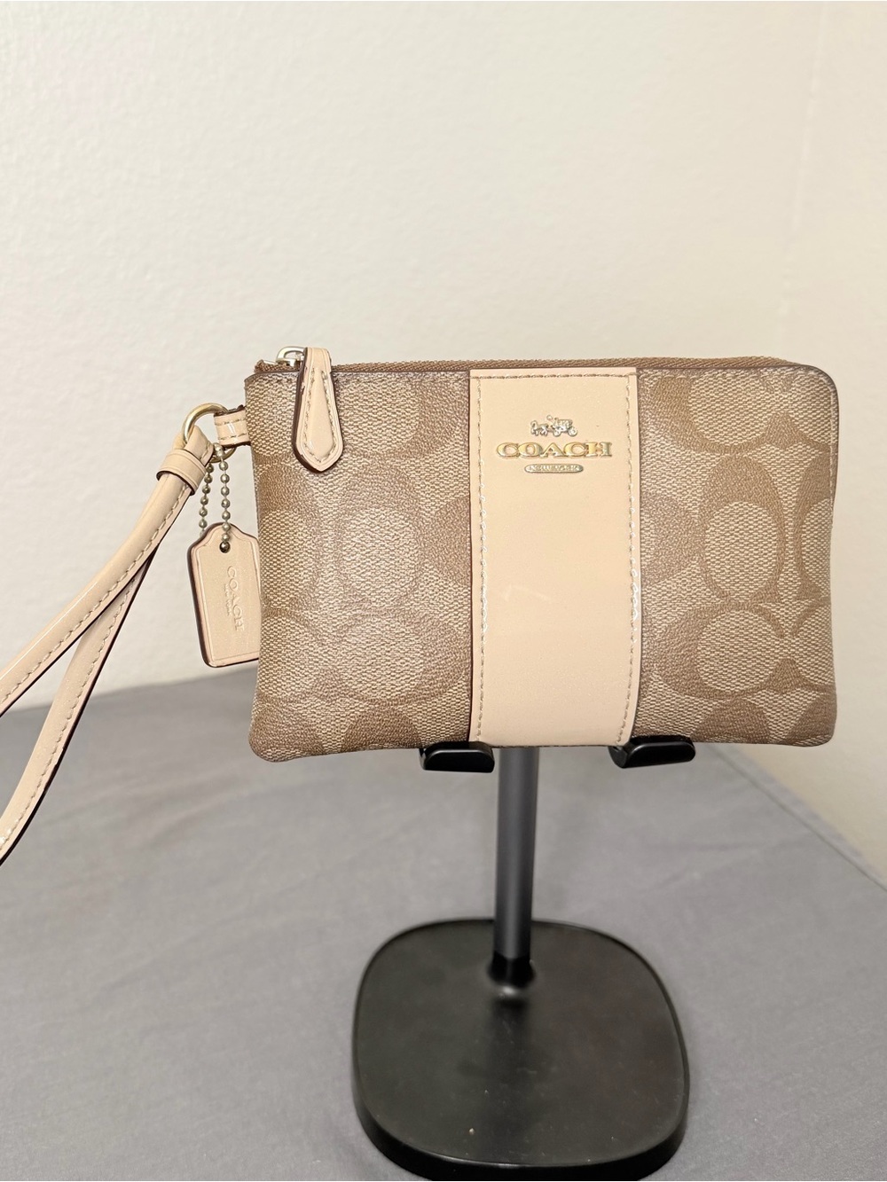 Coach Beige Signature Canvas Wristlet with Cream Leather Stripe